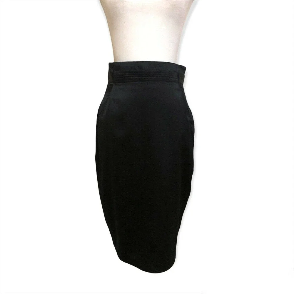 STELLA & JAMIE NWT Satin Straight Skirt M Pleated Paperbag Hight Waisted Black - Picture 1 of 6